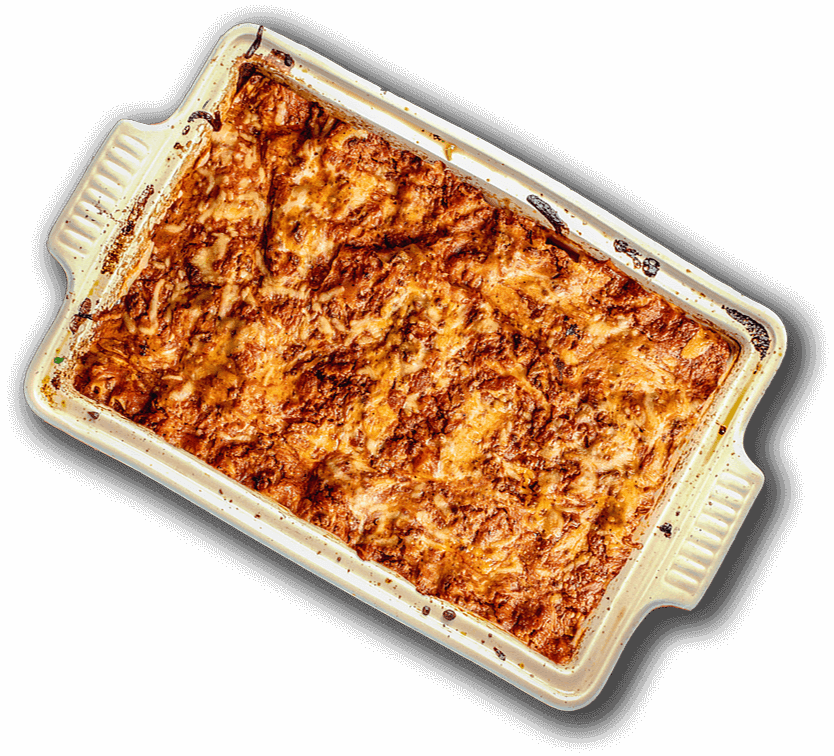 A white tray of lasagne